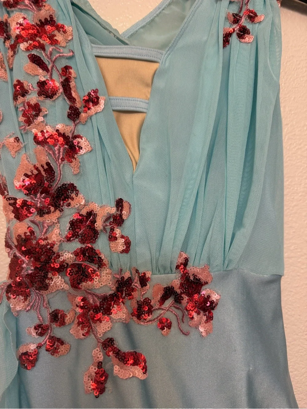 Glamour solo dance costume aqua blue lyrical contemporary mesh dress SA